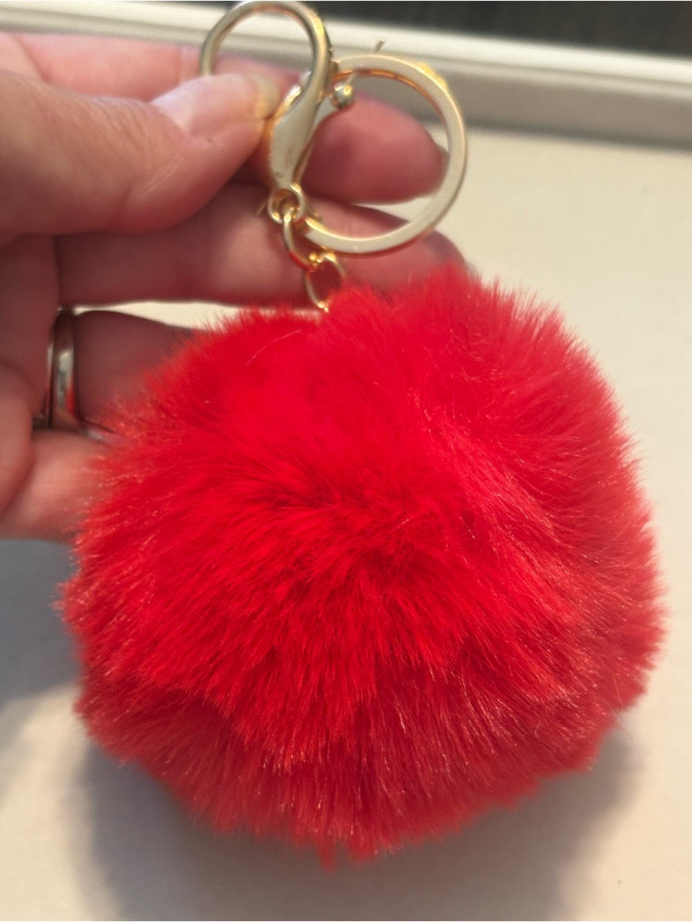 Red Faux Fur Pom Pom Keychain with Gold Hardware